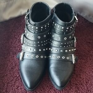 Studded Black Ankle Boots with Buckle Straps - Women's